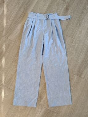 Nine West Light Blue Pleated Wide-Leg Paperbag Pants with Belt